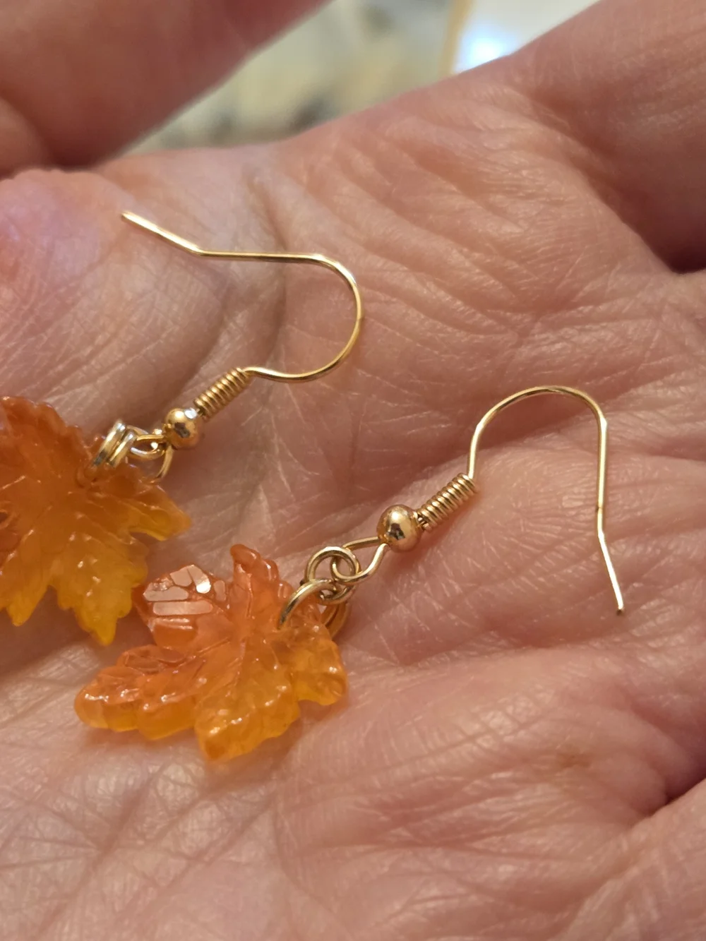 Autumn Maple Leaf Drop Earrings - Golden Orange Resin- NWT